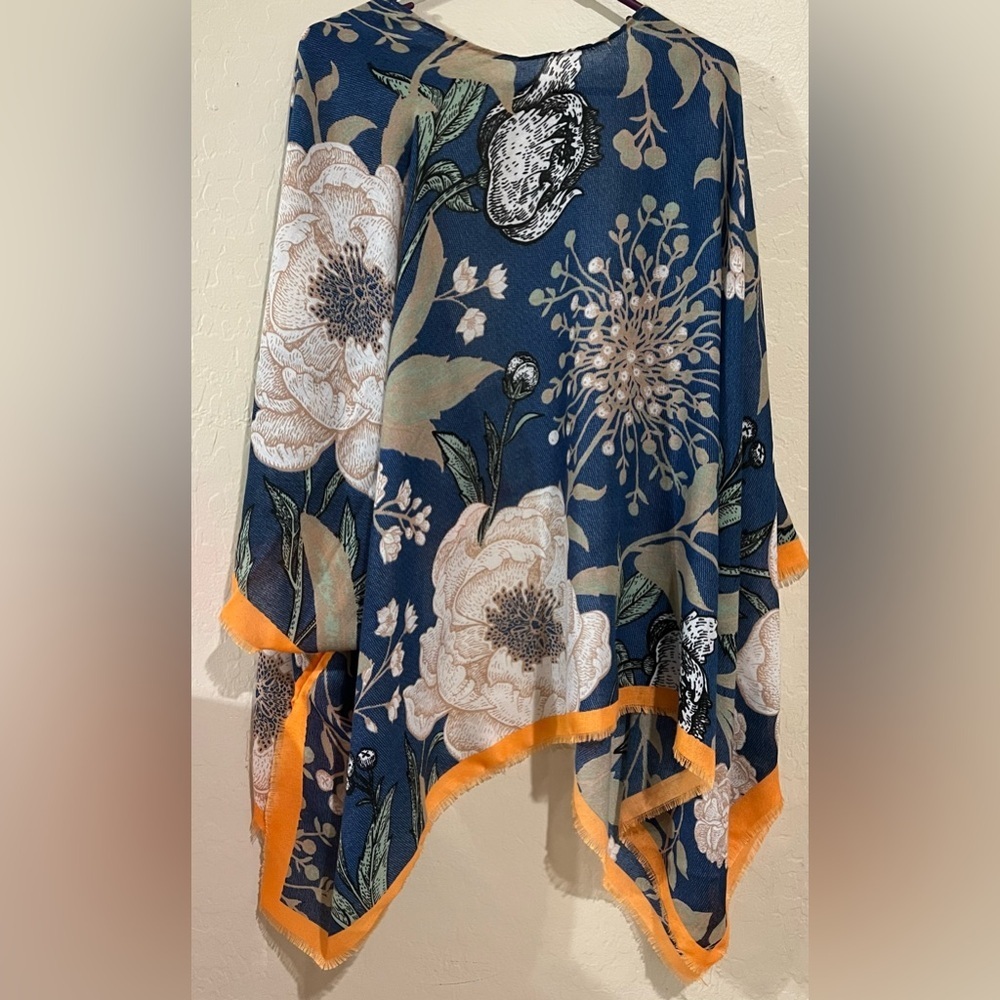 North Bohème Floral Kimono Blue Orange Boho Duster Wrap One Size - Picture 2 of 5